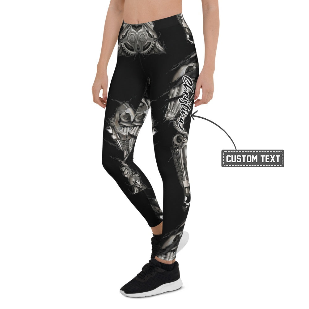 Personalisierte Damen Sportleggings Steampunk Mechanik Design Schwarz Silber Fitness Leggings F997 - XL
