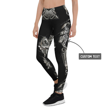 Personalisierte Damen Sportleggings Steampunk Mechanik Design Schwarz Silber Fitness Leggings F997 - XL