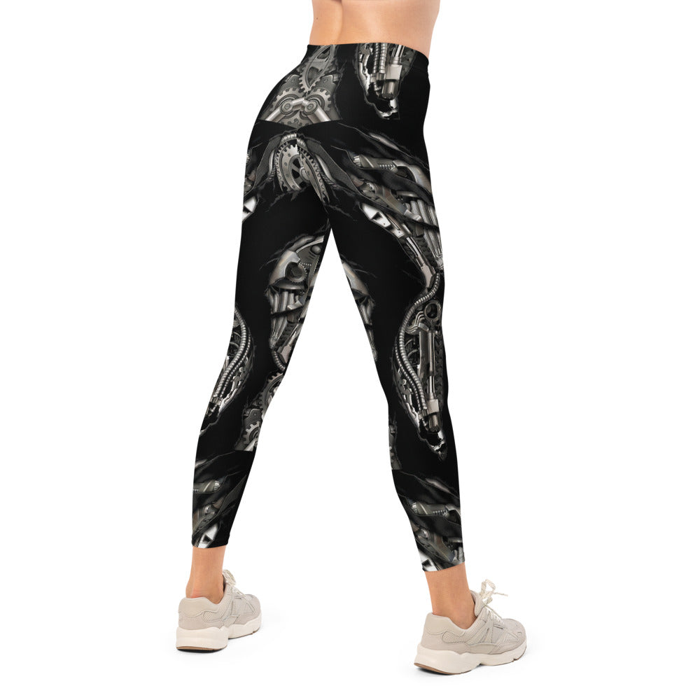 Personalisierte Damen Sportleggings Steampunk Mechanik Design Schwarz Silber Fitness Leggings F997