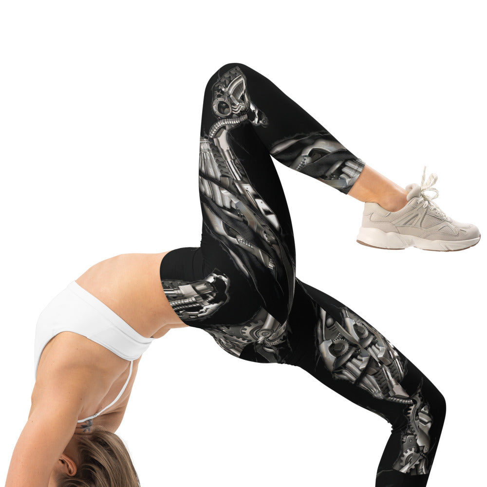 Personalisierte Damen Sportleggings Steampunk Mechanik Design Schwarz Silber Fitness Leggings F997