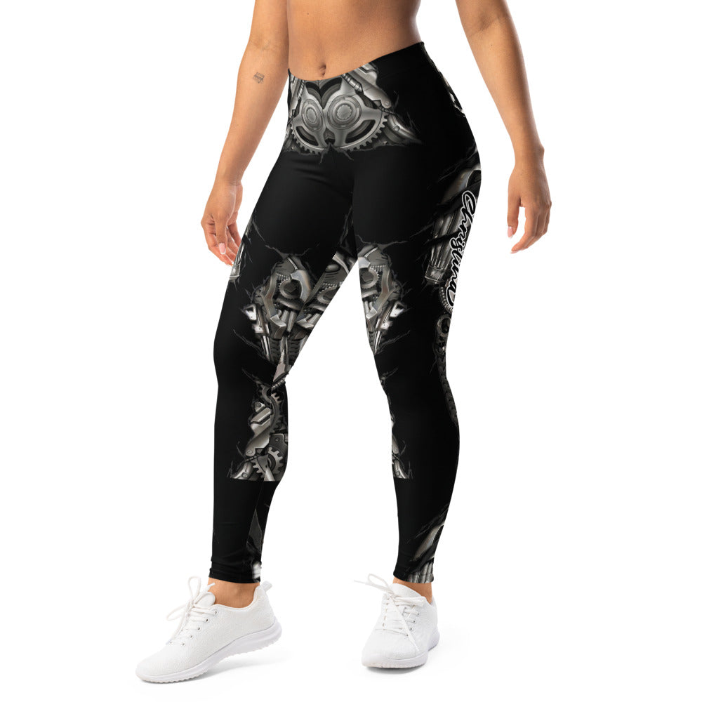 Personalisierte Damen Sportleggings Steampunk Mechanik Design Schwarz Silber Fitness Leggings F997