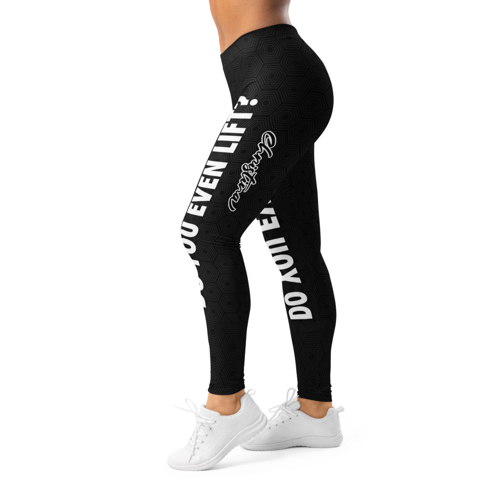 Personalisierte Sportleggings Damen Schwarz mit Do You Even Lift Schriftzug Fitness Leggings Geometrisches Muster D042