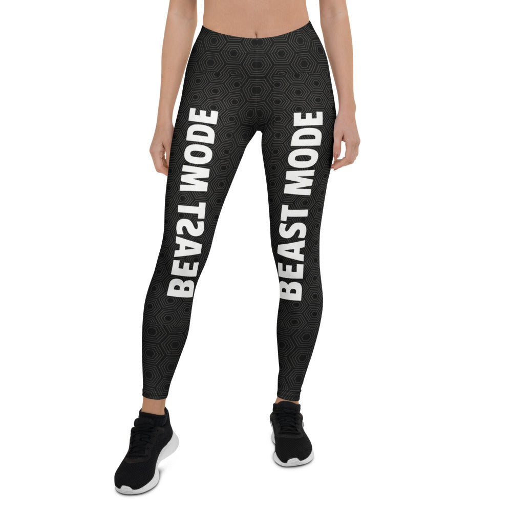 Personalisierte Sportleggings Damen Schwarz Beast Mode Print Fitness Leggings Geometrisches Muster T896
