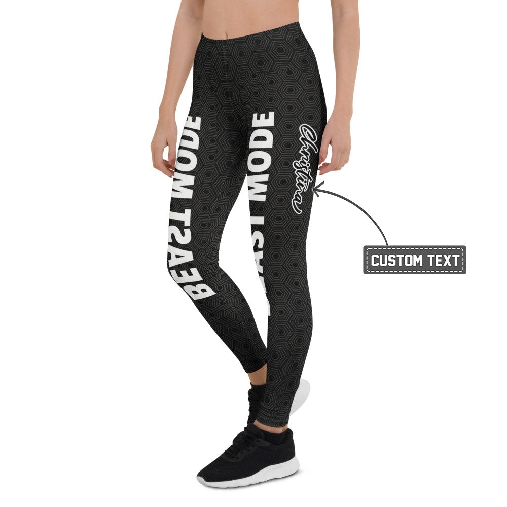 Personalisierte Sportleggings Damen Schwarz Beast Mode Print Fitness Leggings Geometrisches Muster T896 - XL