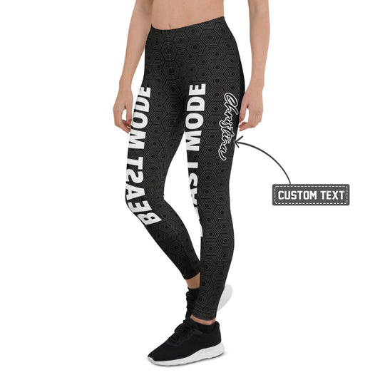 Personalisierte Sportleggings Damen Schwarz Beast Mode Print Fitness Leggings Geometrisches Muster T896 - XL