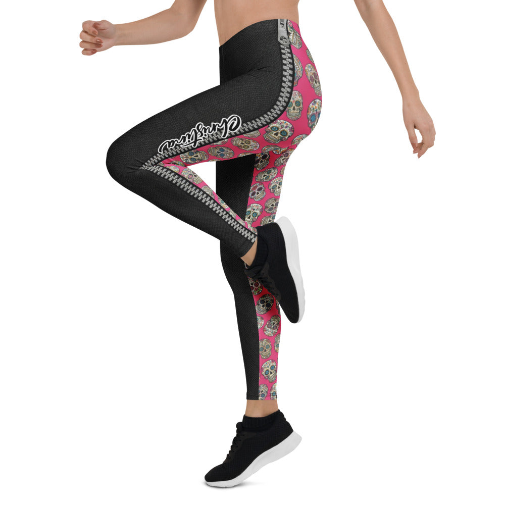 Personalisierte Damen Sportleggings Schwarz mit Totenkopf Sugar Skull Design Fitness Leggings Yoga Hose U920