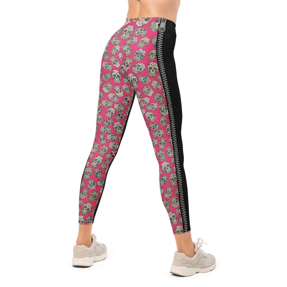 Personalisierte Damen Sportleggings Schwarz mit Totenkopf Sugar Skull Design Fitness Leggings Yoga Hose U920