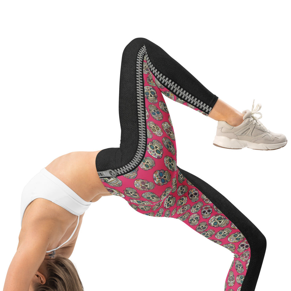 Personalisierte Damen Sportleggings Schwarz mit Totenkopf Sugar Skull Design Fitness Leggings Yoga Hose U920