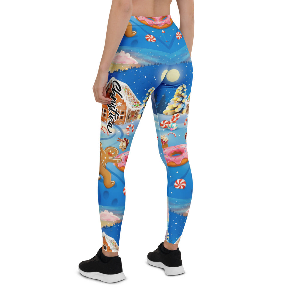Personalisierte Damen Sportleggings Weihnachten Lebkuchen Design Blau Fitness Leggings S503