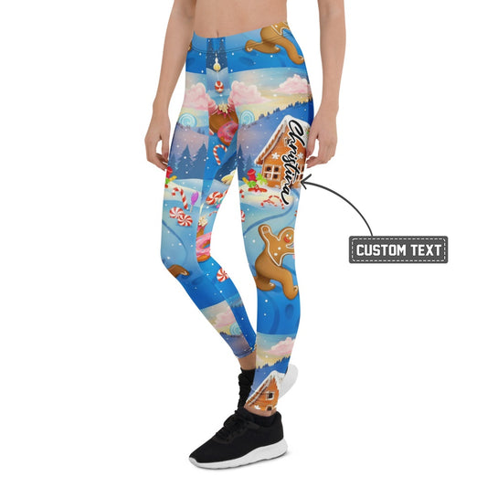 Personalisierte Damen Sportleggings Weihnachten Lebkuchen & Zuckerstangen Print Blau Fitnesshose Q478 - XL