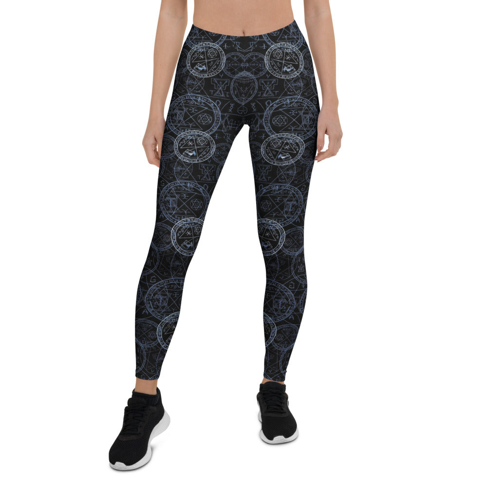 Personalisierte Damen Sportleggings Mystische Symbole Schwarz Blau Okkult Alchemie Design Yoga Fitnesshose N736