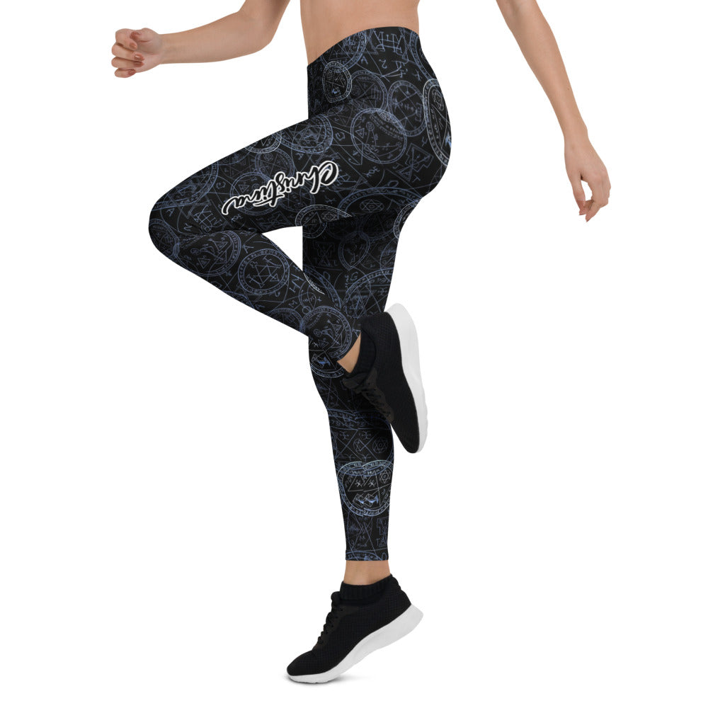 Personalisierte Damen Sportleggings Mystische Symbole Schwarz Blau Okkult Alchemie Design Yoga Fitnesshose N736