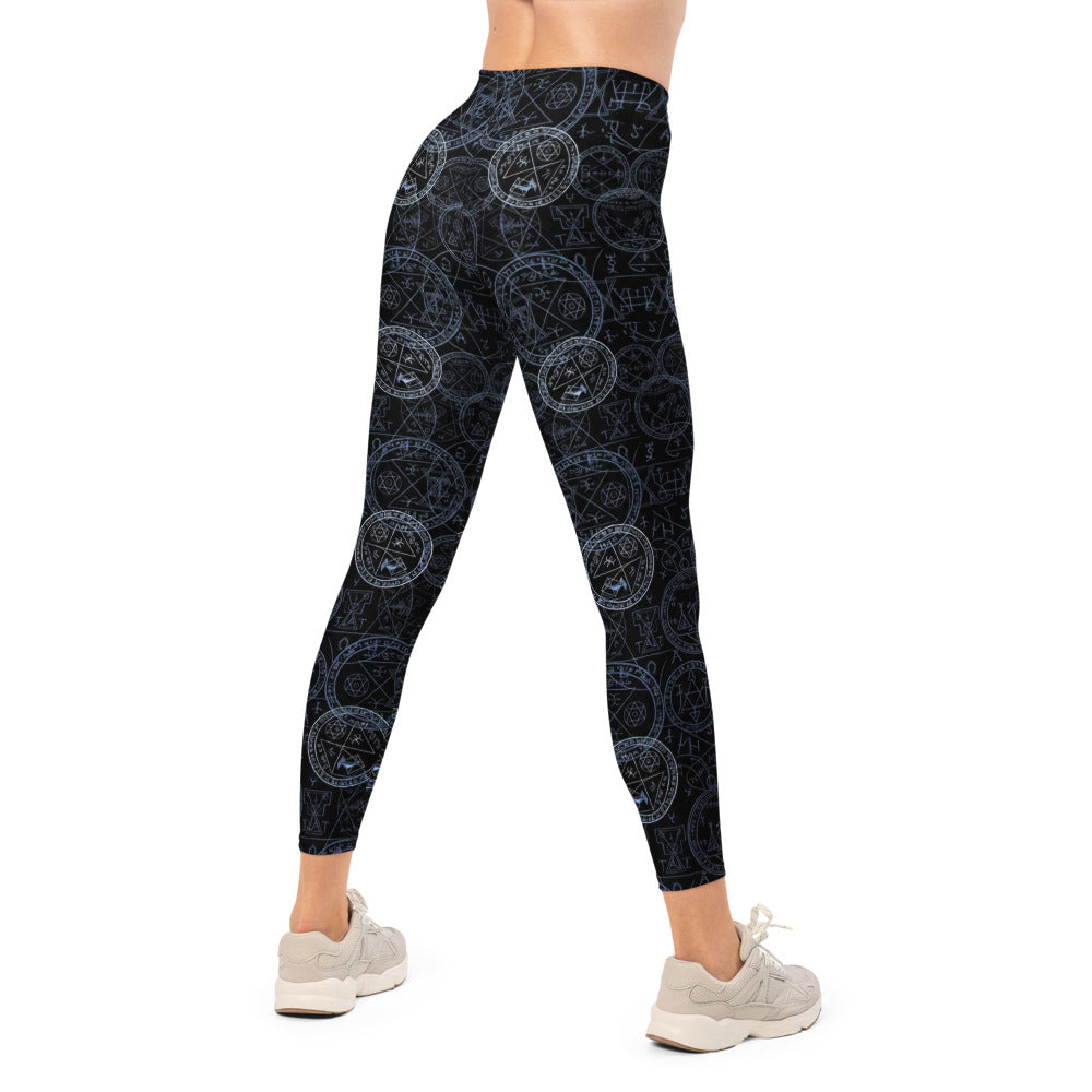 Personalisierte Damen Sportleggings Mystische Symbole Schwarz Blau Okkult Alchemie Design Yoga Fitnesshose N736