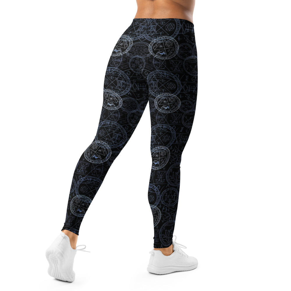 Personalisierte Damen Sportleggings Mystische Symbole Schwarz Blau Okkult Alchemie Design Yoga Fitnesshose N736