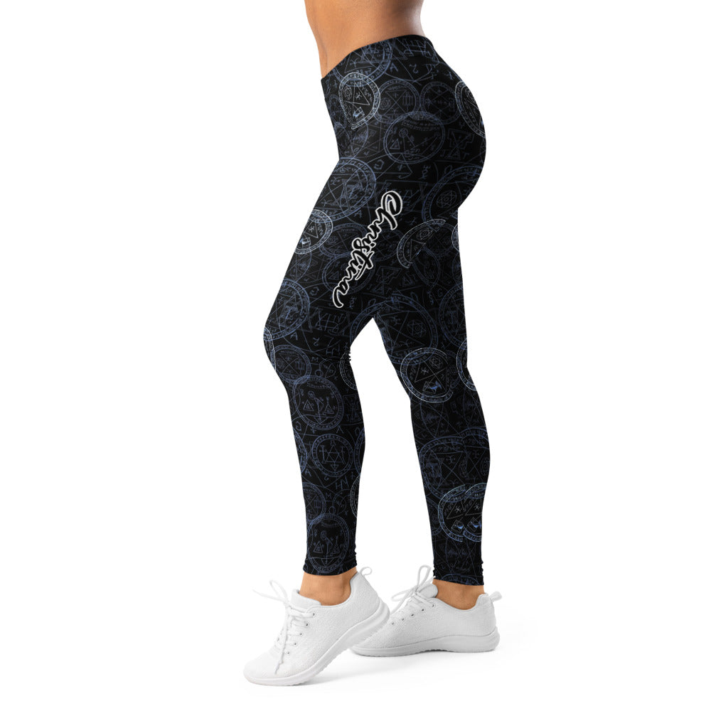 Personalisierte Damen Sportleggings Mystische Symbole Schwarz Blau Okkult Alchemie Design Yoga Fitnesshose N736