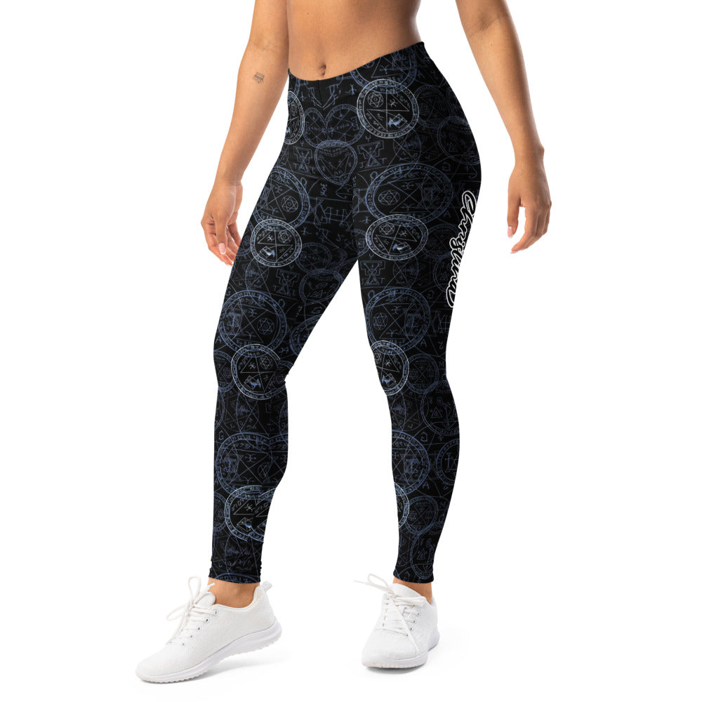 Personalisierte Damen Sportleggings Mystische Symbole Schwarz Blau Okkult Alchemie Design Yoga Fitnesshose N736