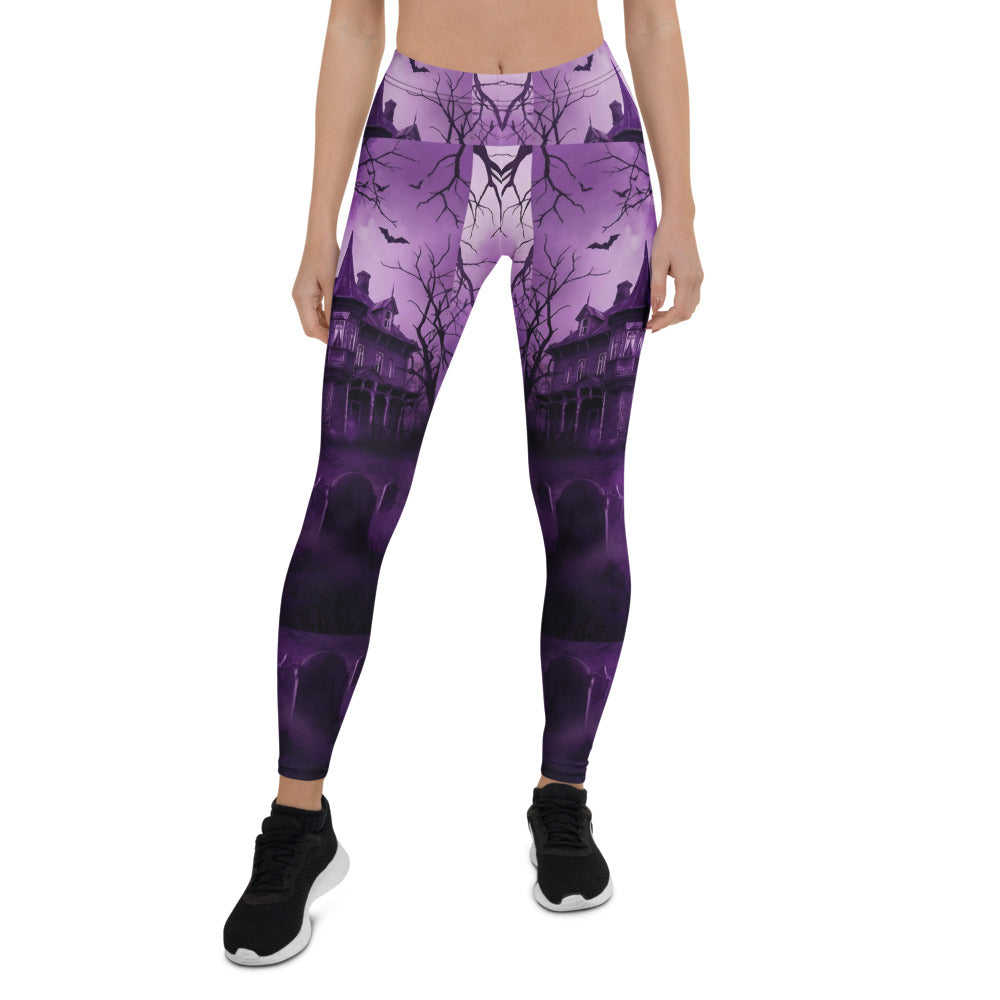 Personalisierte Damen Sportleggings Halloween Gruselhaus Design Lila Schwarz Fitness Yoga Leggings S273