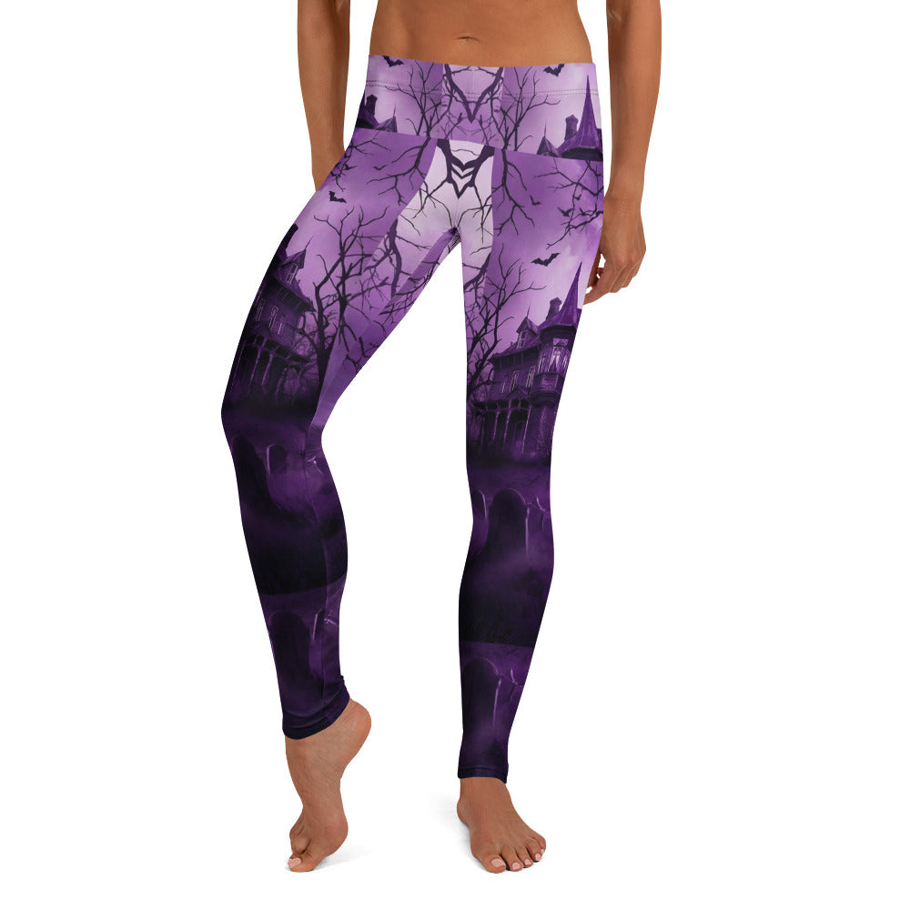 Personalisierte Damen Sportleggings Halloween Gruselhaus Design Lila Schwarz Fitness Yoga Leggings S273