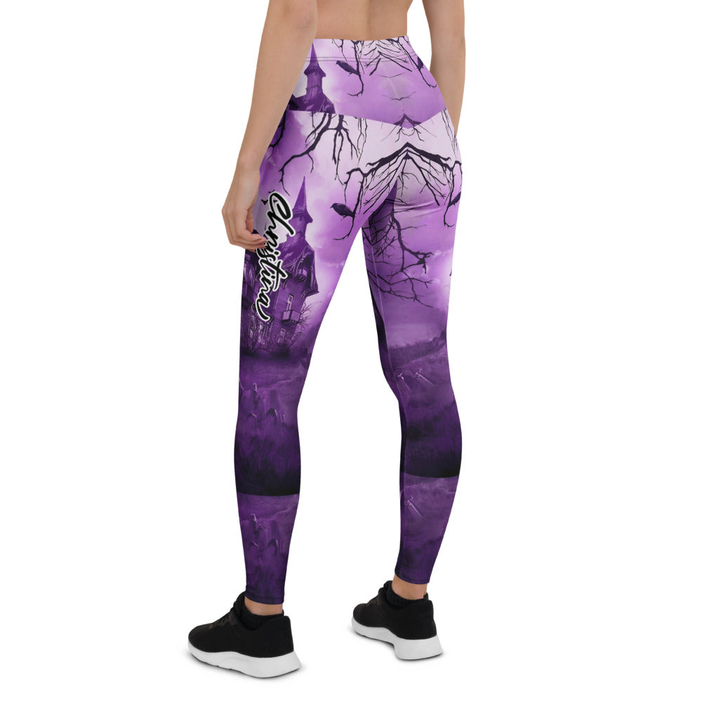 Personalisierte Damen Sportleggings Halloween Gruselhaus Design Lila Schwarz Fitness Yoga Leggings S273