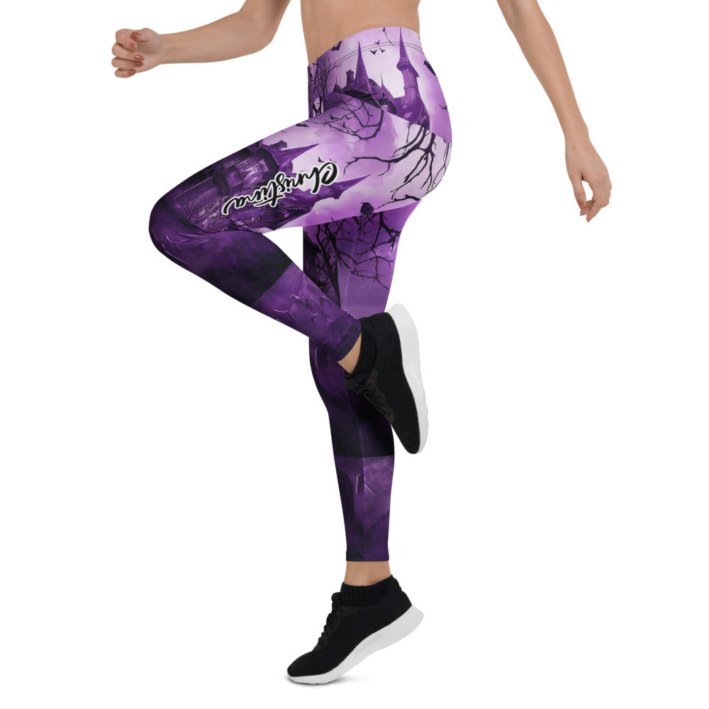 Personalisierte Damen Sportleggings Halloween Gruselhaus Design Lila Schwarz Fitness Yoga Leggings S273