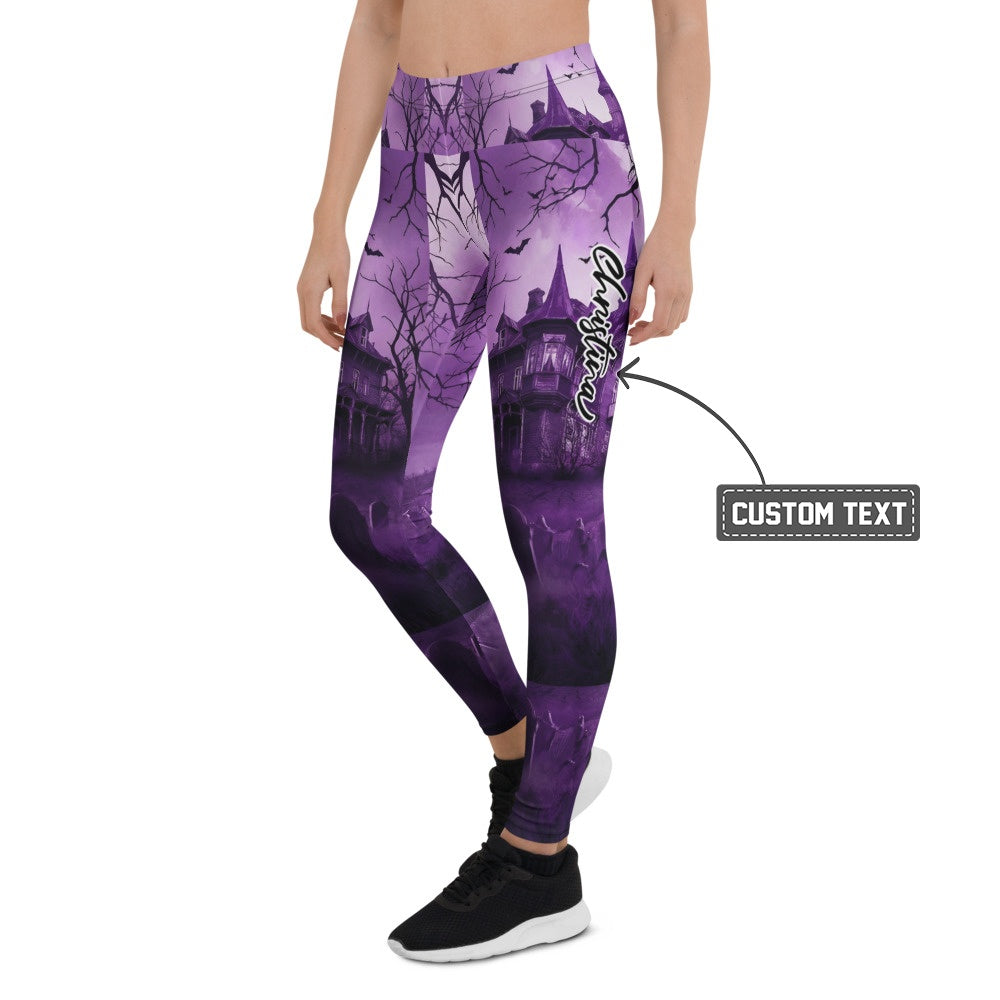 Personalisierte Damen Sportleggings Halloween Gruselhaus Design Lila Schwarz Fitness Yoga Leggings S273 - XL