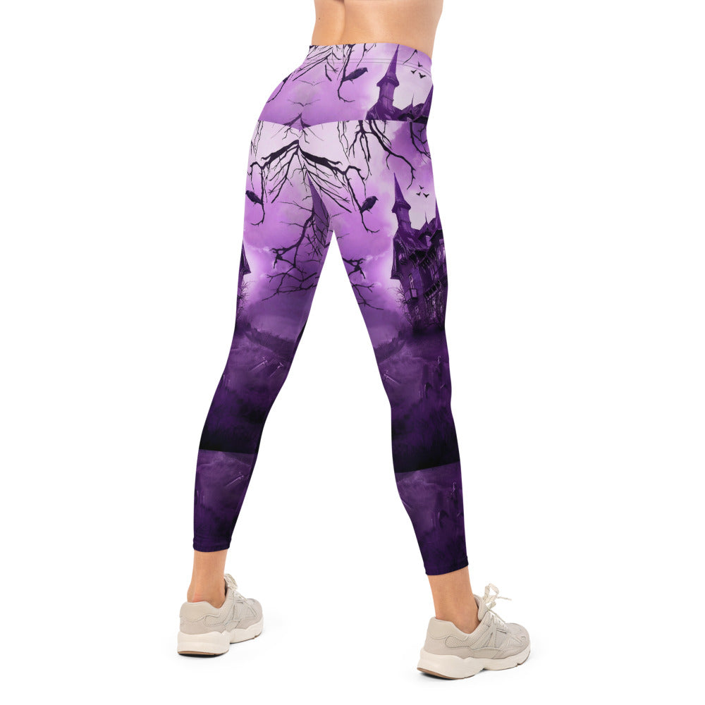 Personalisierte Damen Sportleggings Halloween Gruselhaus Design Lila Schwarz Fitness Yoga Leggings S273
