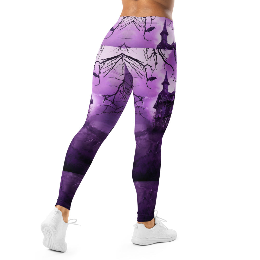 Personalisierte Damen Sportleggings Halloween Gruselhaus Design Lila Schwarz Fitness Yoga Leggings S273