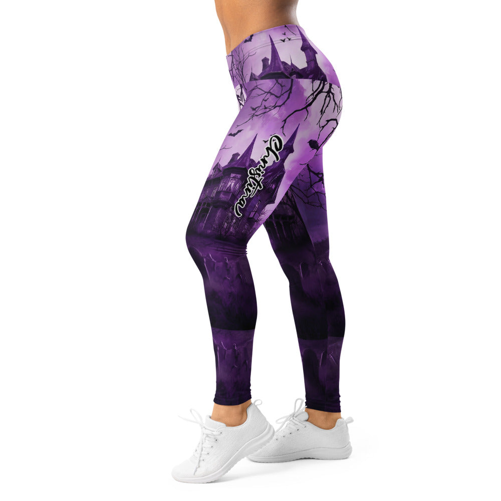 Personalisierte Damen Sportleggings Halloween Gruselhaus Design Lila Schwarz Fitness Yoga Leggings S273