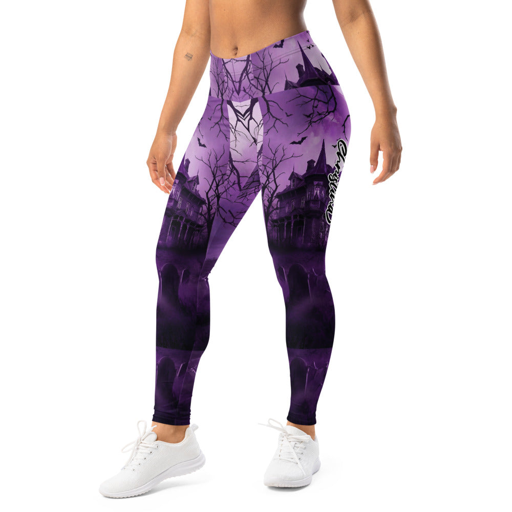 Personalisierte Damen Sportleggings Halloween Gruselhaus Design Lila Schwarz Fitness Yoga Leggings S273