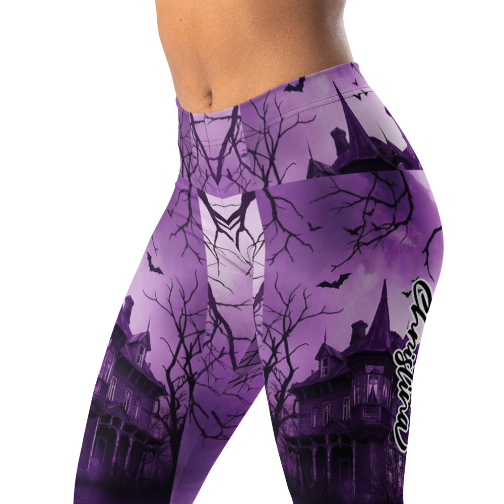 Personalisierte Damen Sportleggings Halloween Gruselhaus Design Lila Schwarz Fitness Yoga Leggings S273