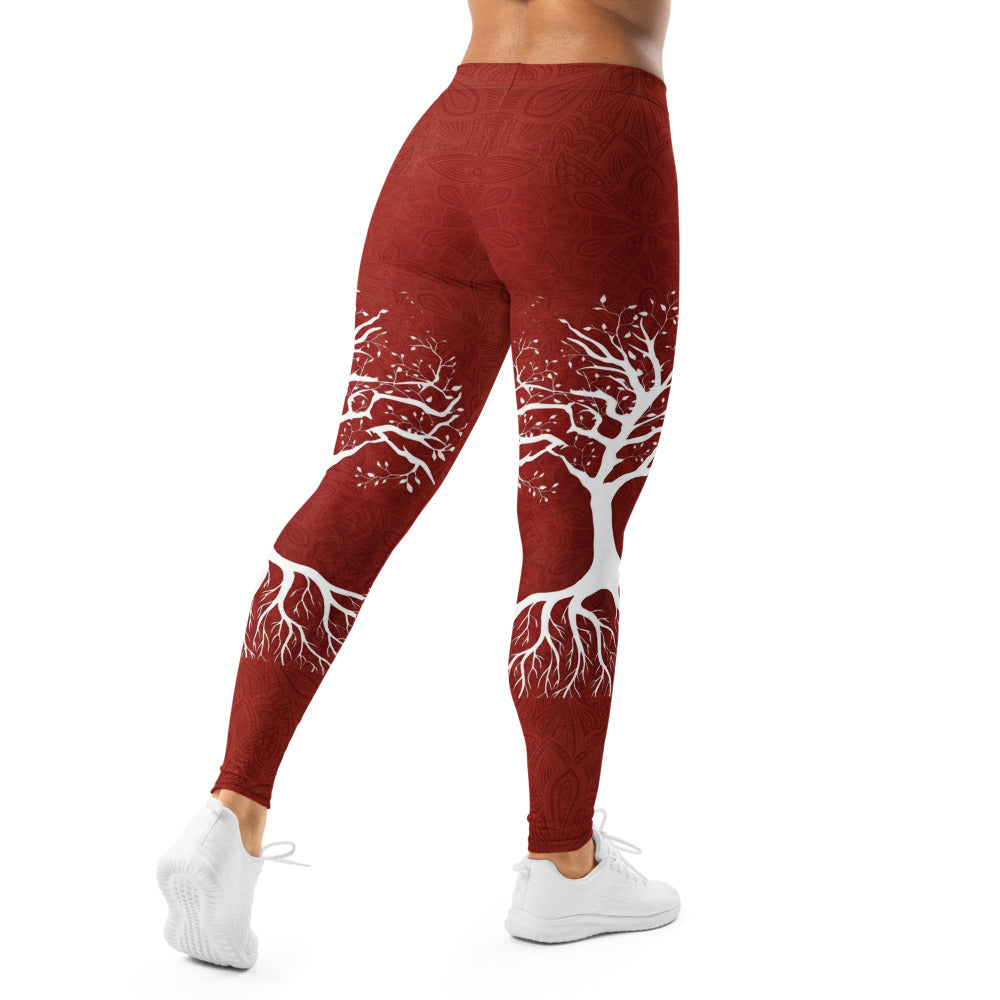 Personalisierte Damen Sportleggings Lebensbaum Motiv Dunkelrot Fitness Yoga Leggings P843