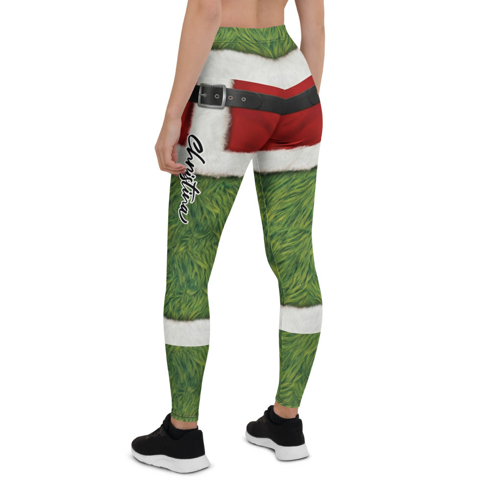 Personalisierte Damen Sportleggings Weihnachten Grünes Monster Design Pelz-Optik Fitnesshose Yoga Leggings B333