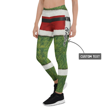 Personalisierte Damen Sportleggings Weihnachten Grünes Monster Design Pelz-Optik Fitnesshose Yoga Leggings B333 - XL