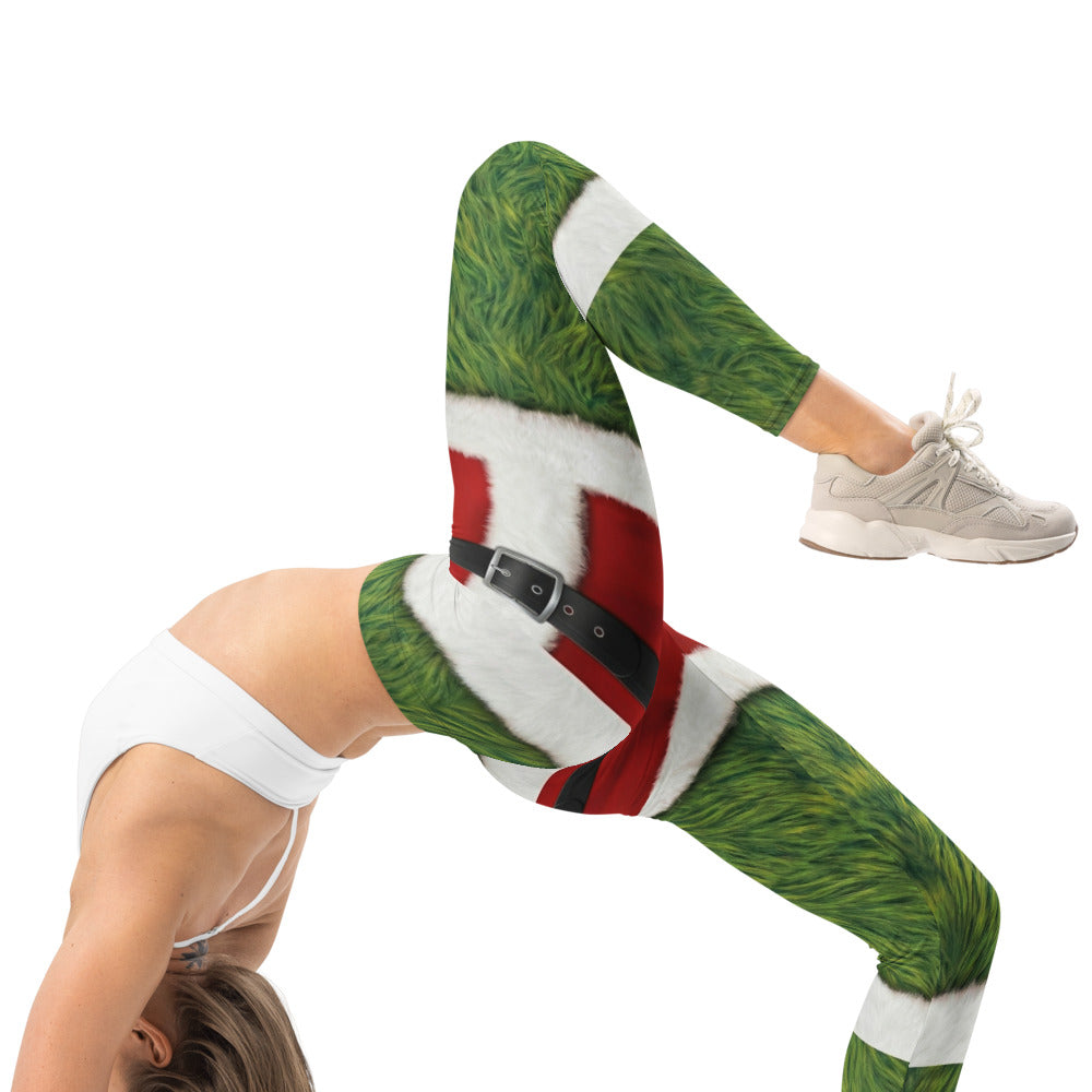 Personalisierte Damen Sportleggings Weihnachten Grünes Monster Design Pelz-Optik Fitnesshose Yoga Leggings B333