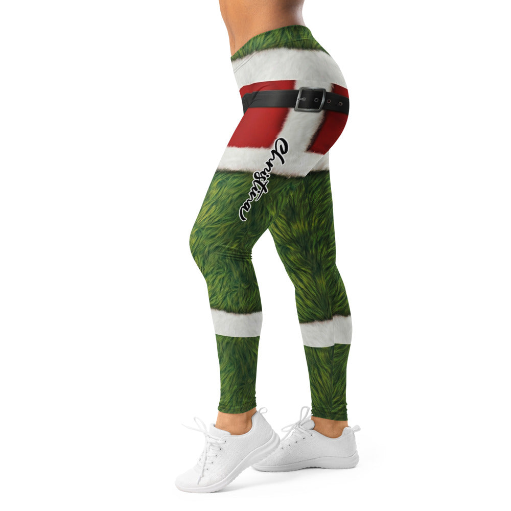 Personalisierte Damen Sportleggings Weihnachten Grünes Monster Design Pelz-Optik Fitnesshose Yoga Leggings B333