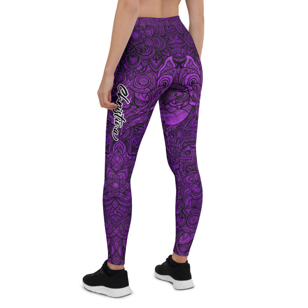 Personalisierte Damen Sportleggings Mandala Design Lila Schwarz Fitness Yoga Leggings W422