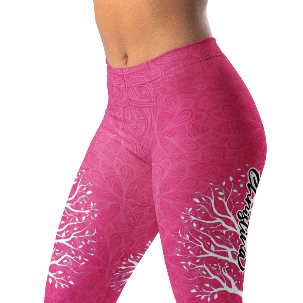 Personalisierte Damen Sportleggings Lebensbaum Design Pink Magenta Yoga Fitnesshose Gemustert Z835