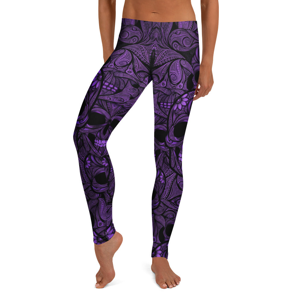 Personalisierte Damen Sportleggings Totenkopf Ornament Muster Lila Schwarz Fitness Yoga Leggings F739