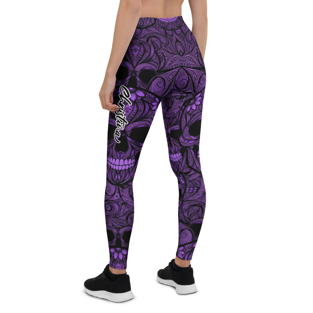 Personalisierte Damen Sportleggings Totenkopf Ornament Muster Lila Schwarz Fitness Yoga Leggings F739
