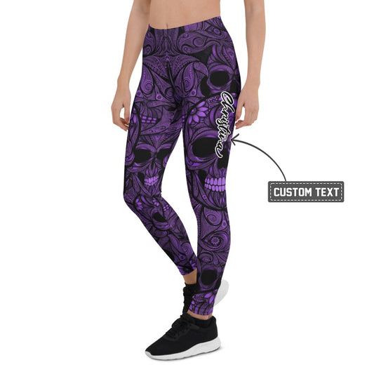 Personalisierte Damen Sportleggings Totenkopf Ornament Muster Lila Schwarz Fitness Yoga Leggings F739 - XL