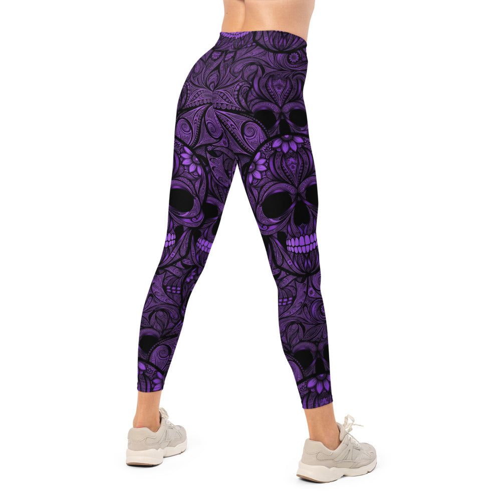 Personalisierte Damen Sportleggings Totenkopf Ornament Muster Lila Schwarz Fitness Yoga Leggings F739