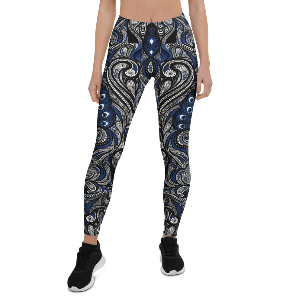 Personalisierte Sportleggings Damen Paisley Muster Blau Schwarz Weiß Yoga Fitness Leggings N087