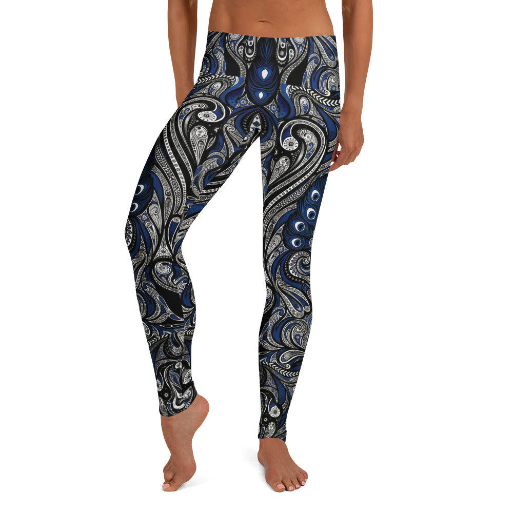 Personalisierte Sportleggings Damen Paisley Muster Blau Schwarz Weiß Yoga Fitness Leggings N087