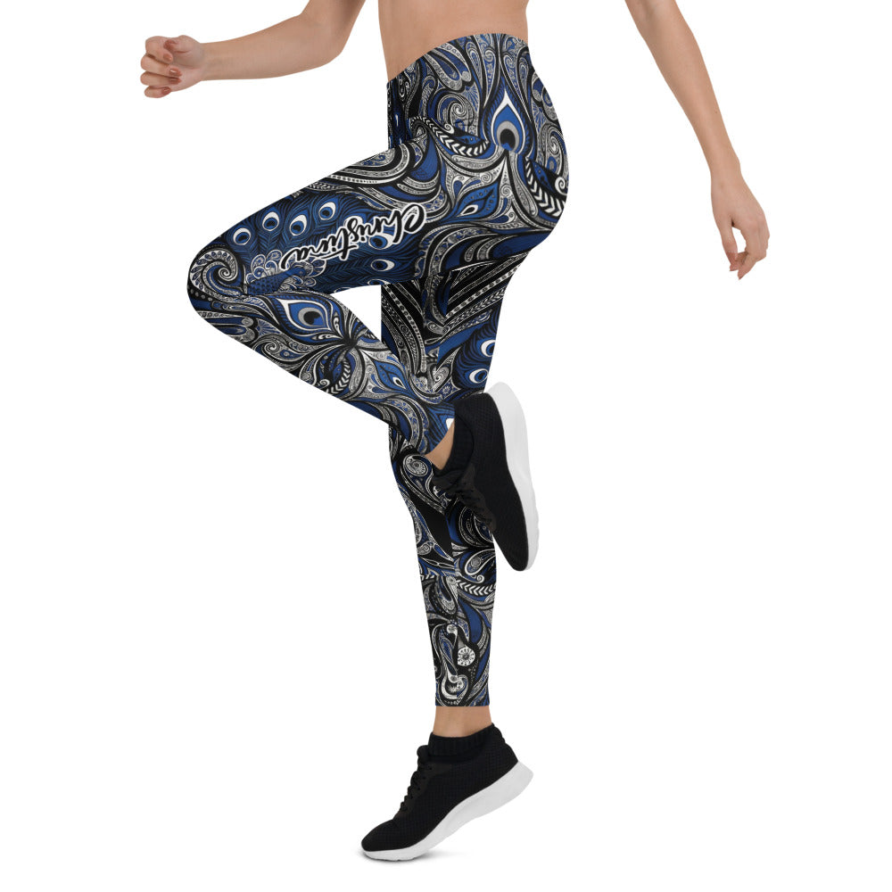 Personalisierte Sportleggings Damen Paisley Muster Blau Schwarz Weiß Yoga Fitness Leggings N087