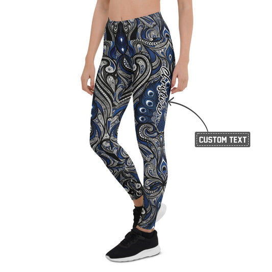 Personalisierte Sportleggings Damen Paisley Muster Blau Schwarz Weiß Yoga Fitness Leggings N087 - XL