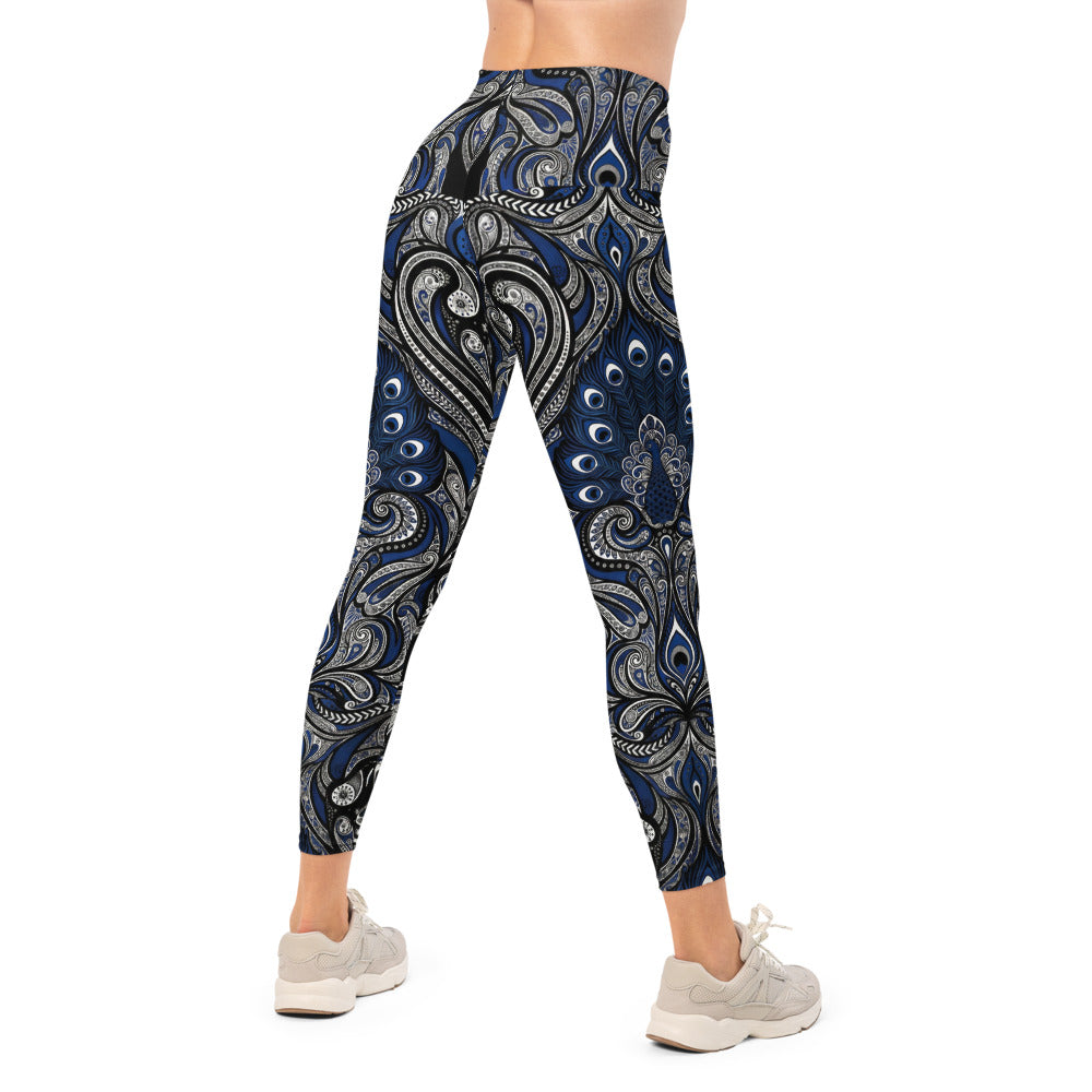 Personalisierte Sportleggings Damen Paisley Muster Blau Schwarz Weiß Yoga Fitness Leggings N087