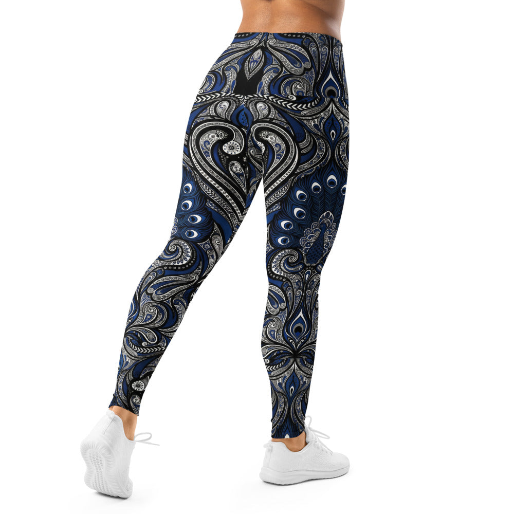 Personalisierte Sportleggings Damen Paisley Muster Blau Schwarz Weiß Yoga Fitness Leggings N087