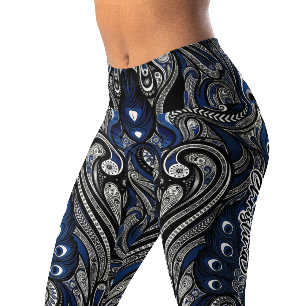 Personalisierte Sportleggings Damen Paisley Muster Blau Schwarz Weiß Yoga Fitness Leggings N087