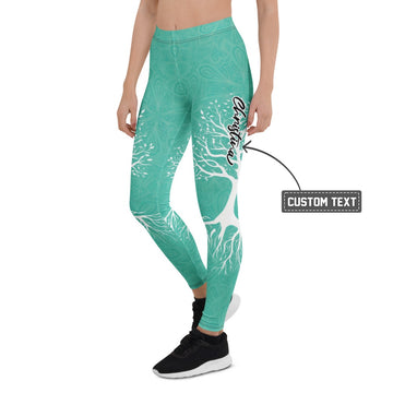Personalisierte Damen Yoga Leggings Türkis Lebensbaum Design Mandala Muster Fitness Sportleggings W487 - XL