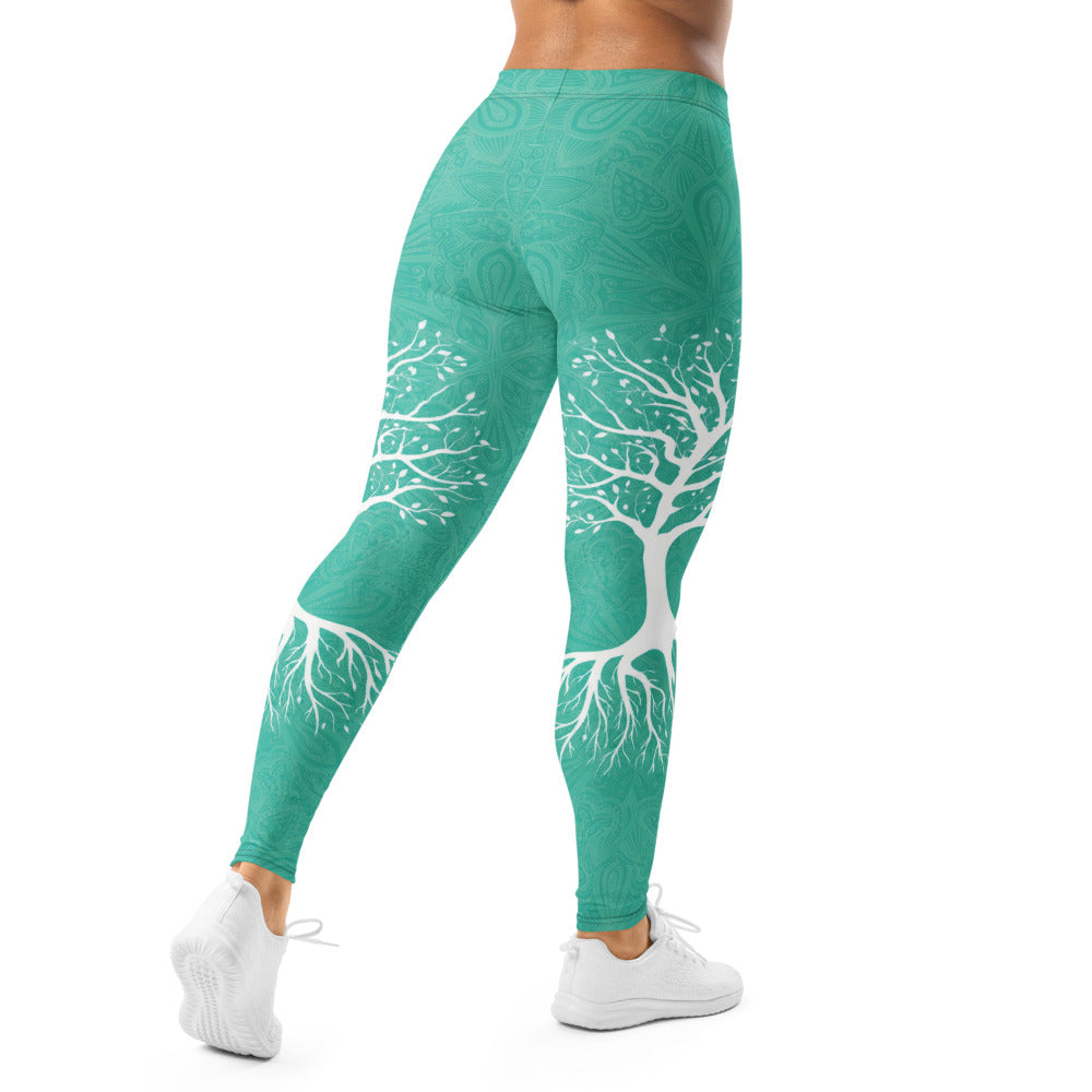 Personalisierte Damen Yoga Leggings Türkis Lebensbaum Design Mandala Muster Fitness Sportleggings W487